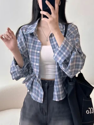 Chic Plaid ort Svel frauen irt Lose Fit Lange Sve drehen-unten Kragen Lazy Sle Koreanische Design Frühling herbst Top