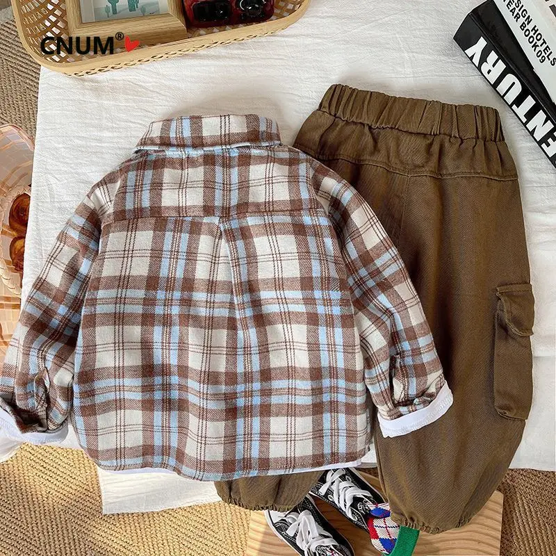 CNUM Toddler Boys' Spring Clothing Set Plaid Shirt  Stylish Cargo Pants Trendy Three-Piece Outfit Toddler Boys' Clothes