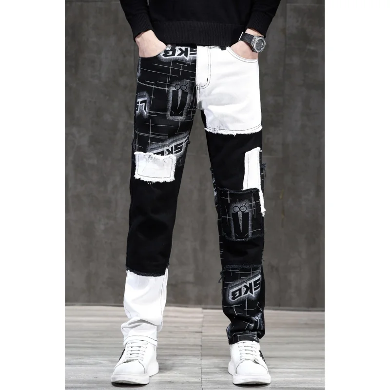 Black and White Contrast Color Printed Stitching Jeans Men2024New Slim Fit Small Straight Personality Motorcycle Trousers