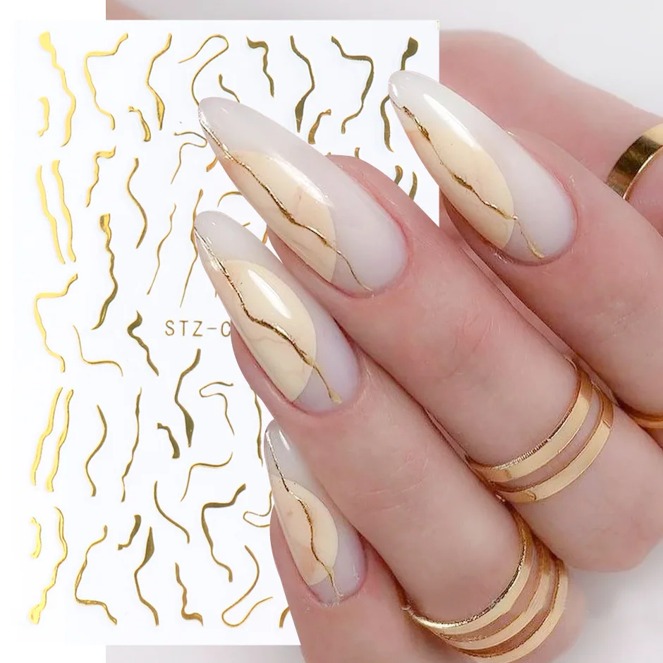 Nouveaux autocollants pour nail art : Décorations d'ongles tendance style influenceur européen et américain, lignes dorées imitation or, pour manucure simple
