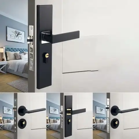Silent Door Handle Lock Keys Set Universal with Keys Bedroom Door Lock Three Hinges Black Interior Door Handle Lockset Bedroom