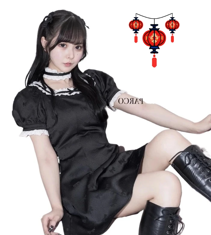 

Japanese Style Women's Casual Dresses Cute Girl Lace Color Matching Satin Bow Jacquard Cute Short Sleeve Dress Summer