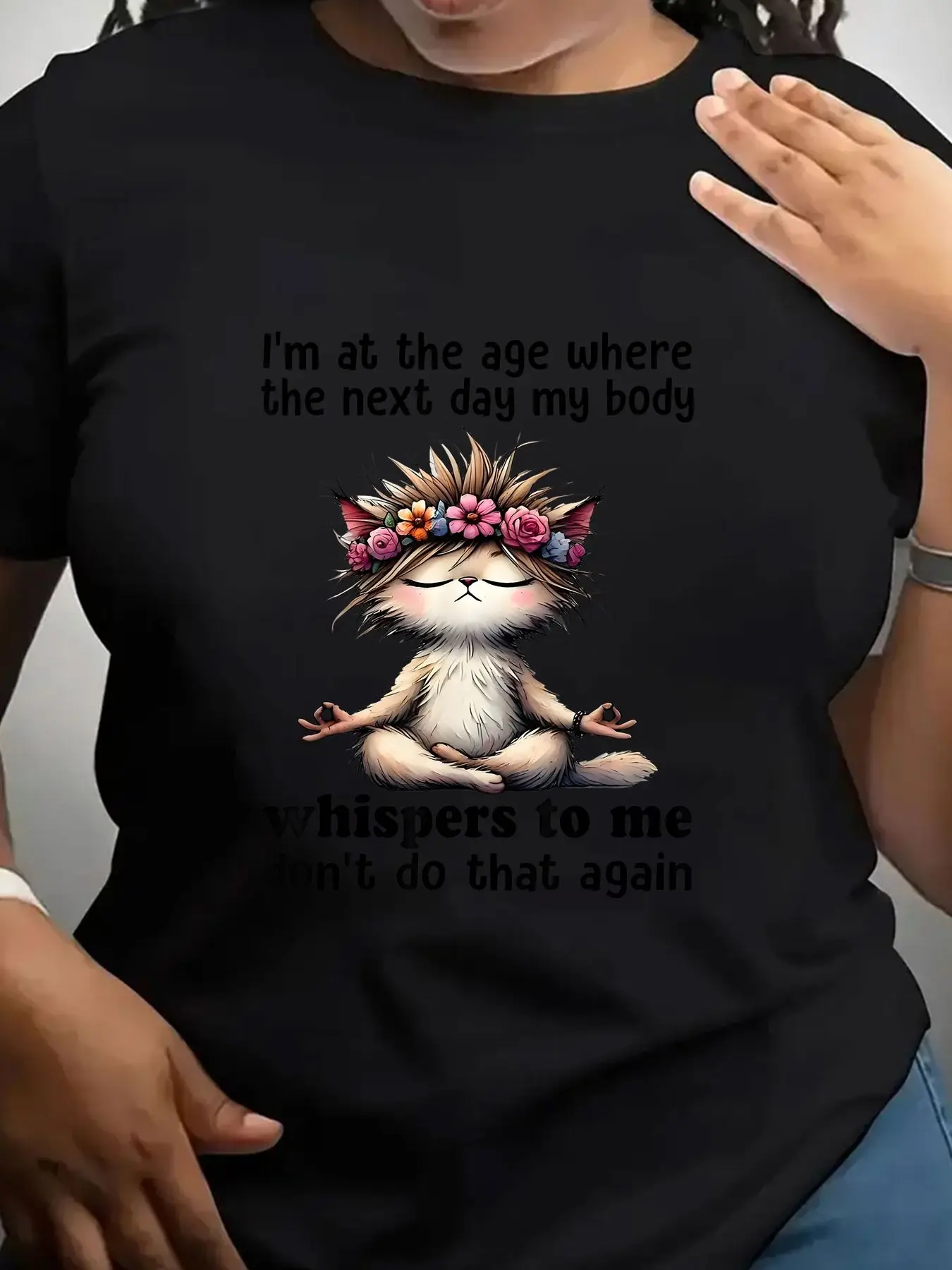 Women's Trendy Crew Neck T-Shirt Meditating Cat with Flower Crown Suitable for Casual Sportswear
