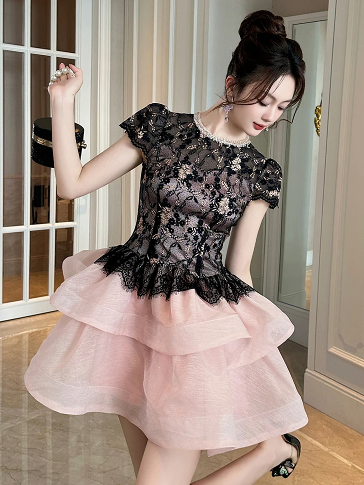 Women's Vintage French Cake Dress Exquisite Socialite Black Pink Patchwork Lace Hook Flower Hollow Ruffles Gown Party Vestidos