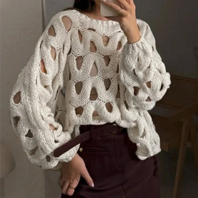 ฤดูใบไม้ร่วงโครเชต์Hollow Outถักเสื้อCausal 2025 แฟชั่นฤดูหนาวเสื้อกันหนาวผู้หญิงO-คอยาวแขนยาวเสื้อหลวม