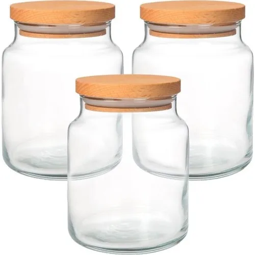 Strawberry Home 3'lü Glass Wooden Jar With Bamboo Lid-Medium Size 10,5 cm