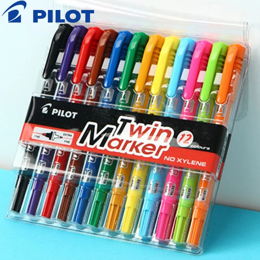 12 Color Set Japan Pilot Double Headed Mark Pen Fine Mark Colored Drawing Hook Line Hook Edge SCA-TM School Painting Supplies