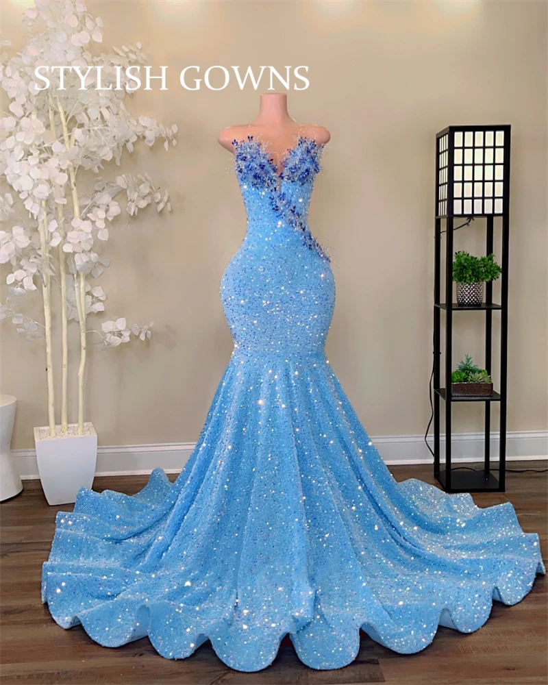 

Sparkly Sky Blue Sequin Prom Dresses Long Strapless Bead Crystal Formal Gowns Mermaid Elegant Evening Dress Customized