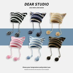 New Little Devil Pom-pom Beanies dla kobiet i mężczyzn Y2k Japanese Niche Cute Cat Ears Striped Color Matching Knitted Pullover Hat