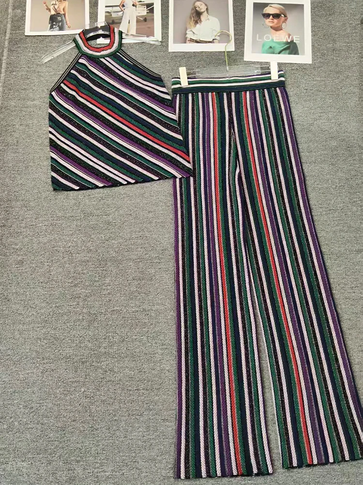 2026 Summer Women's Clothing Retro Color Diagonal Stripes Halter Neck Knitted Suspenders Top Two-piece Set + Pants Fashion Suit