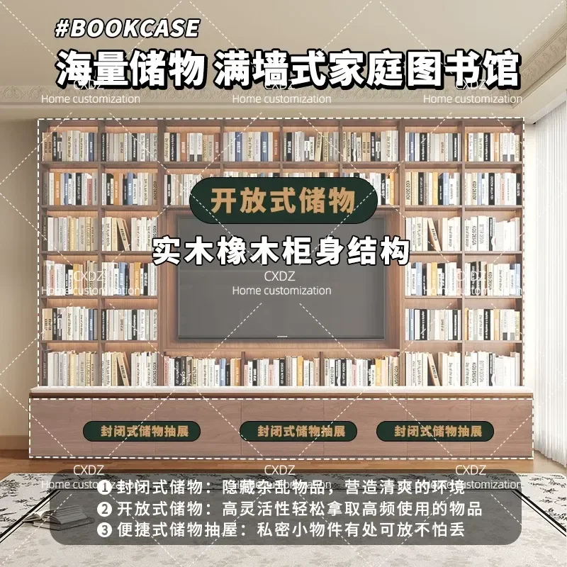 Oak Solid Wood Card Holder Bookcase TV Cabinet Integrated Whole Wall Antique Living Room Custom Bookshelf TV Wall 810
