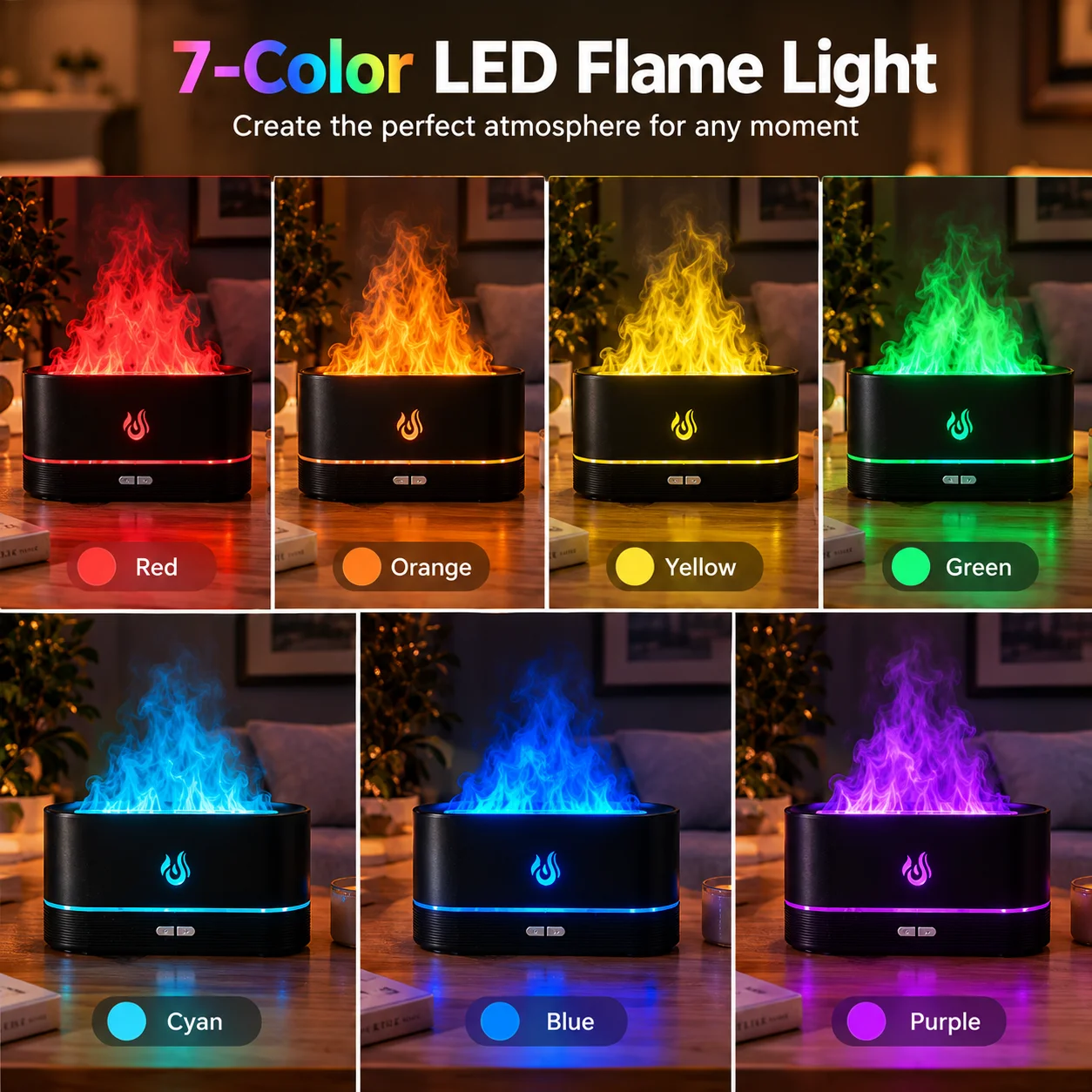 Flame-shaped humidifier, USB-powered flame-shaped aroma diffuser, flame essential oil diffuser, suitable for single rooms, family bedrooms and offices.