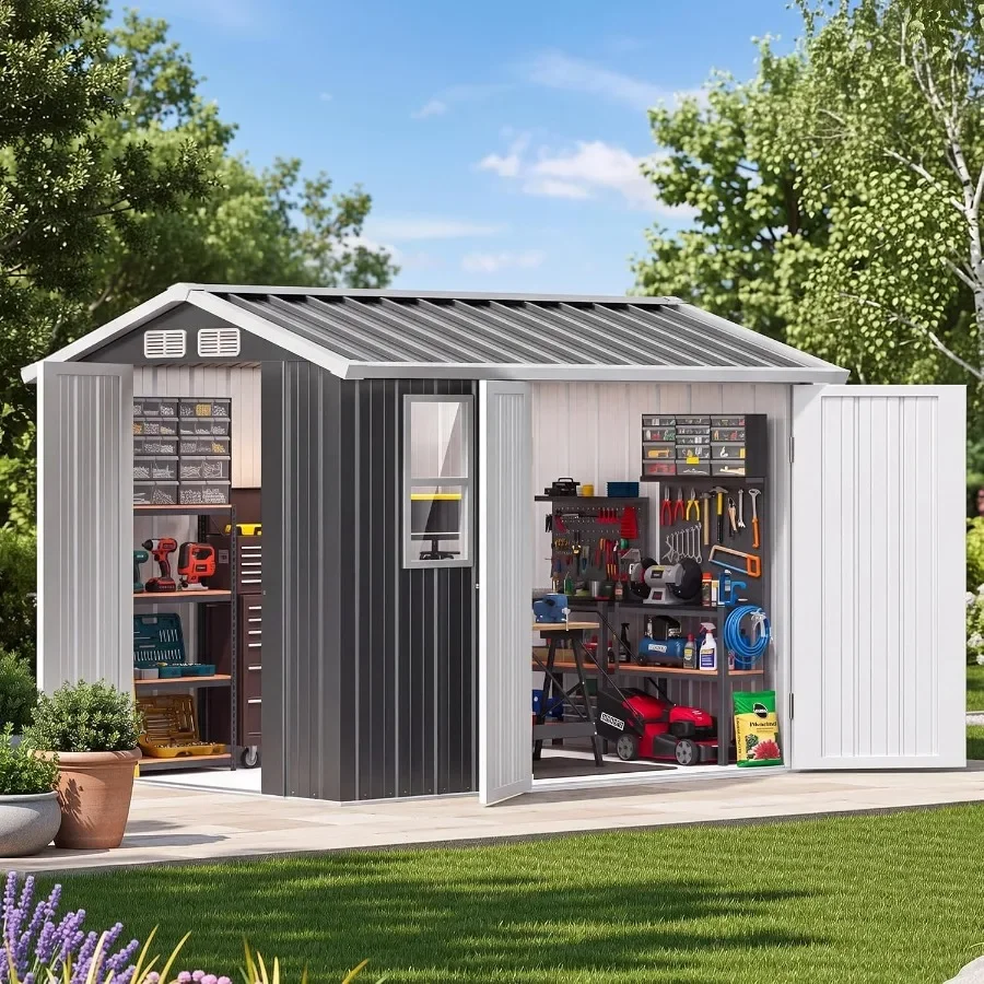 Outdoor Metal Storage Shed with Windows and 3 Lockable Doors