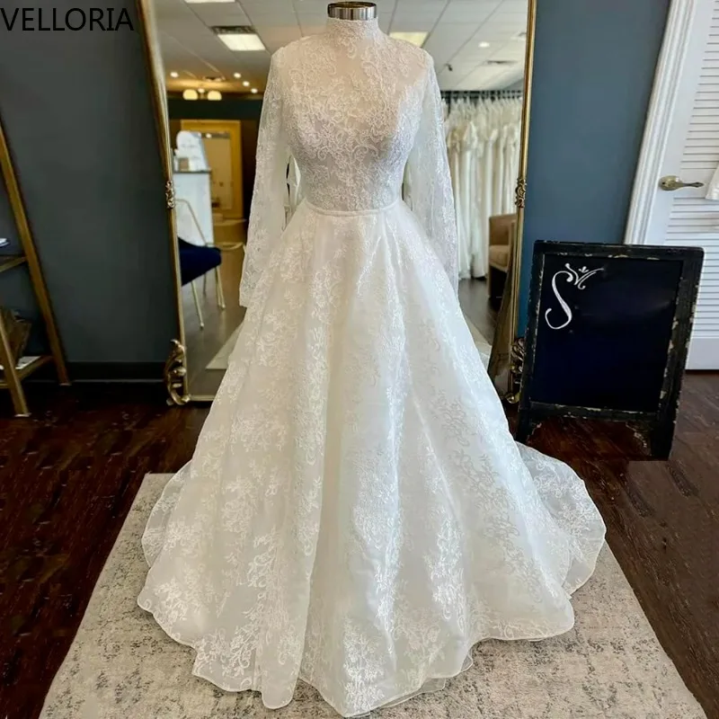 

Customized Arabian Wedding Dress High Neck Long Sleeves Open Back Lace Bridal Gown Vestdos De Fiesta Customized