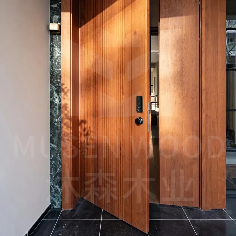 for Myanmar Teak Solid Wood Grille Paint Free Mother and Child Entrance Door Light Luxury Australian Villa Rural Custom Model