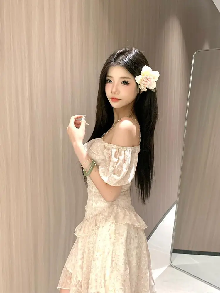 여성을위한 꽃 프린트 드레스 봄과 여름 디자인 학생 달콤한 새 스타일 허리 슬리밍 공주 드레스