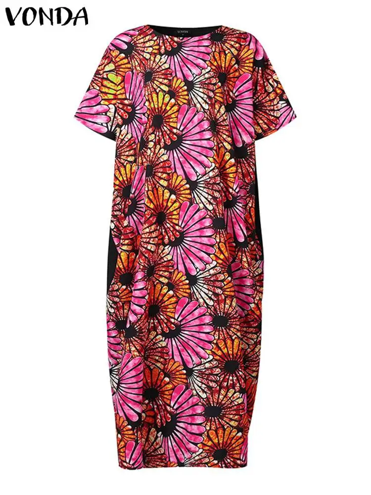 Plus Size Women Summer Dress 2024 VONDA Loose Maxi Sundress Vintage Printed Party Dress Fashion Casual Robe Fashion Long Vestido