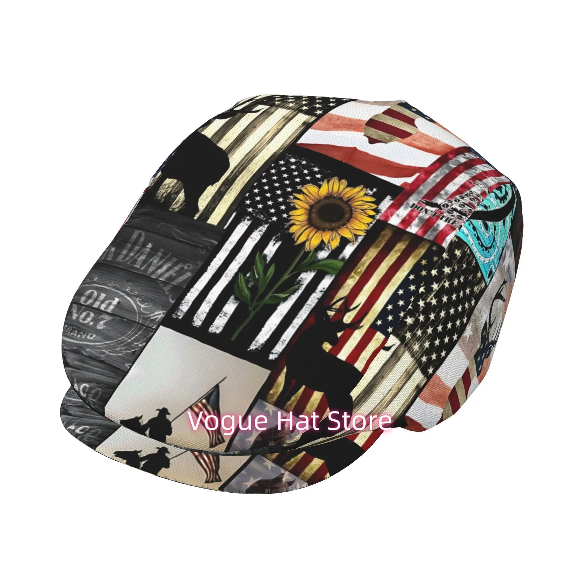 1pc of an All-Over Printed Beret Featuring The American Flag Buck Logo Outline, a Vintage Newsboy Cap That Is Unisex And Essenti
