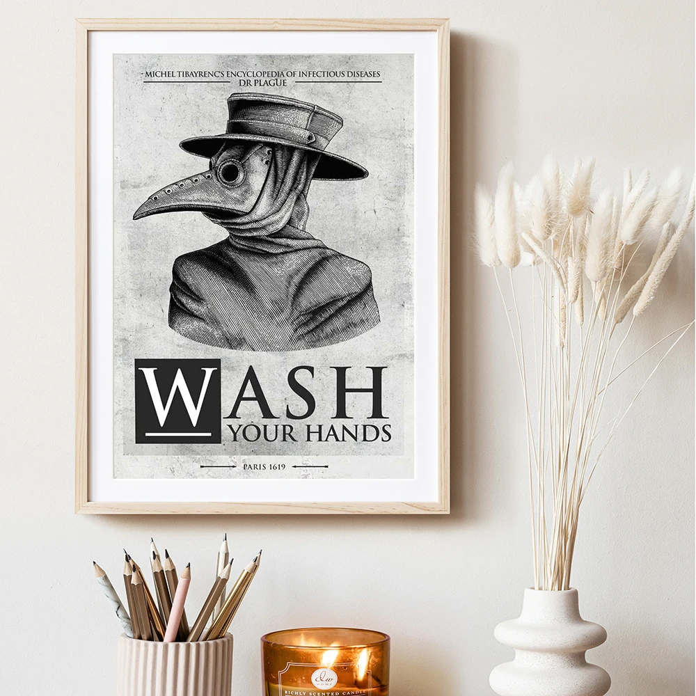 Vintage Poster Plague Doctor Wash Your Hand Sign Retro Punk Magic Wall Art Bathroom Canvas Painting Print Halloween Office Decor