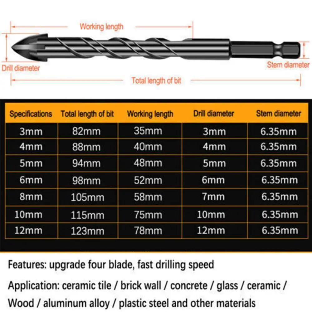 7 шт., набор черных 4-гранных крестовых сверл, многофункциональный открывалка для отверстий, набор сверл для бетона, высокая прочность