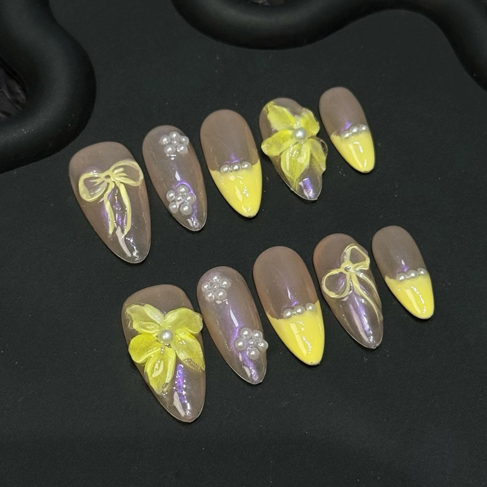 

10Pcs Almond Fake Nails Handmade French Tips Press On Nails 3D Yellow Flower/Bowknot Designs DIY Manicure Fairy False Nails Art