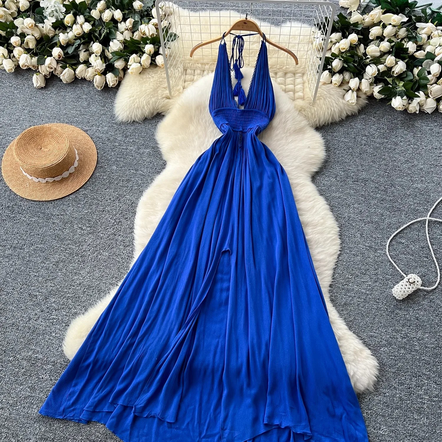 

Blue Split Dress Women Elegant Backless Sleeveless Summer Holiday Party Clothing Lady Streetwear Chic Maxi Vestidos Bodycon