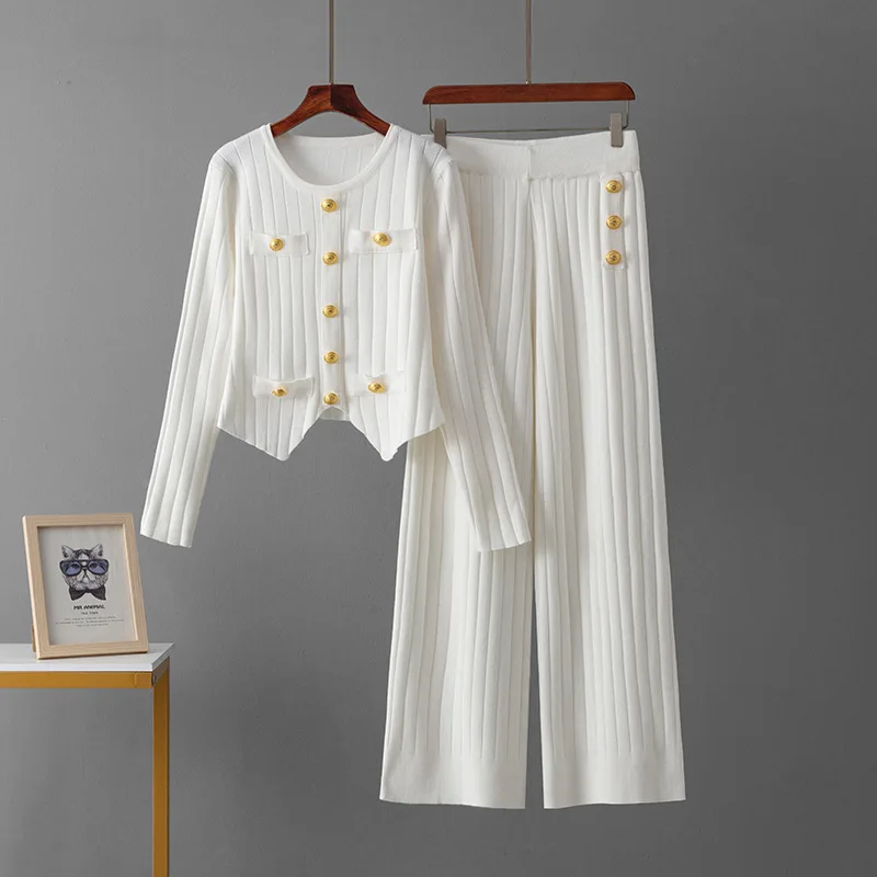 Outono e inverno novo temperamento de viagem duas peças malhas femininas moda magro topo versátil calças retas