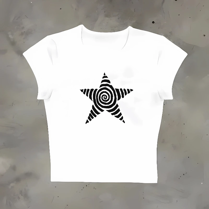 Y2k Crop Top Emo Girl Aesthetic Gothic Punk Streetwear Women Casual 90s Retro Grunge Star Pattern Printed Short Sleeved T-shirt