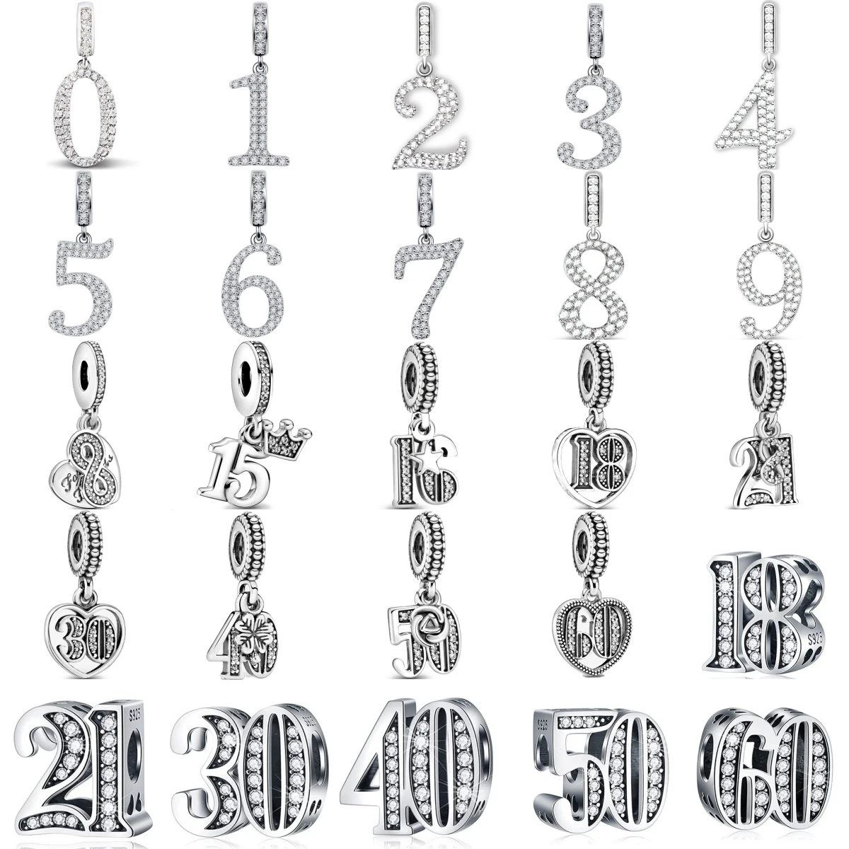 Classic Hot Selling 925 Silver Number 15 18 21 50 60 Year Love Perforated Bead Compatible Original GIY Necklace Bracelet Jewelry