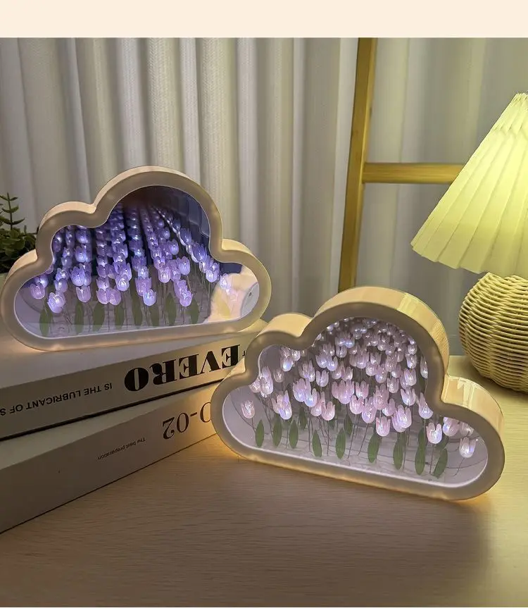 DIY Tulip Flower Sea Cube Light Creative Cloud Light Birthday Gift Bedroom Atmosphere Light Cloud Shape Mirror Sleeping Lamp