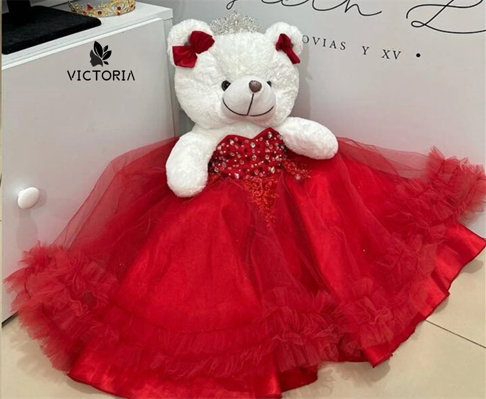 

Red Sweetheart Beaded Personalized Quinceanera Teddy Bear Dress Sweetheart Flowers Appliques Crystals Bead Off The Shoulder