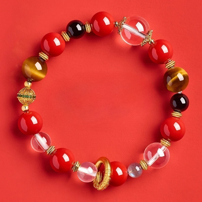 Chinese Style Feng Shui Lucky Cinnabar Aquamarine Tiger Eye Crystal Five Elements Beaded Bracelet 10mm Wealth Blessing Good Fort