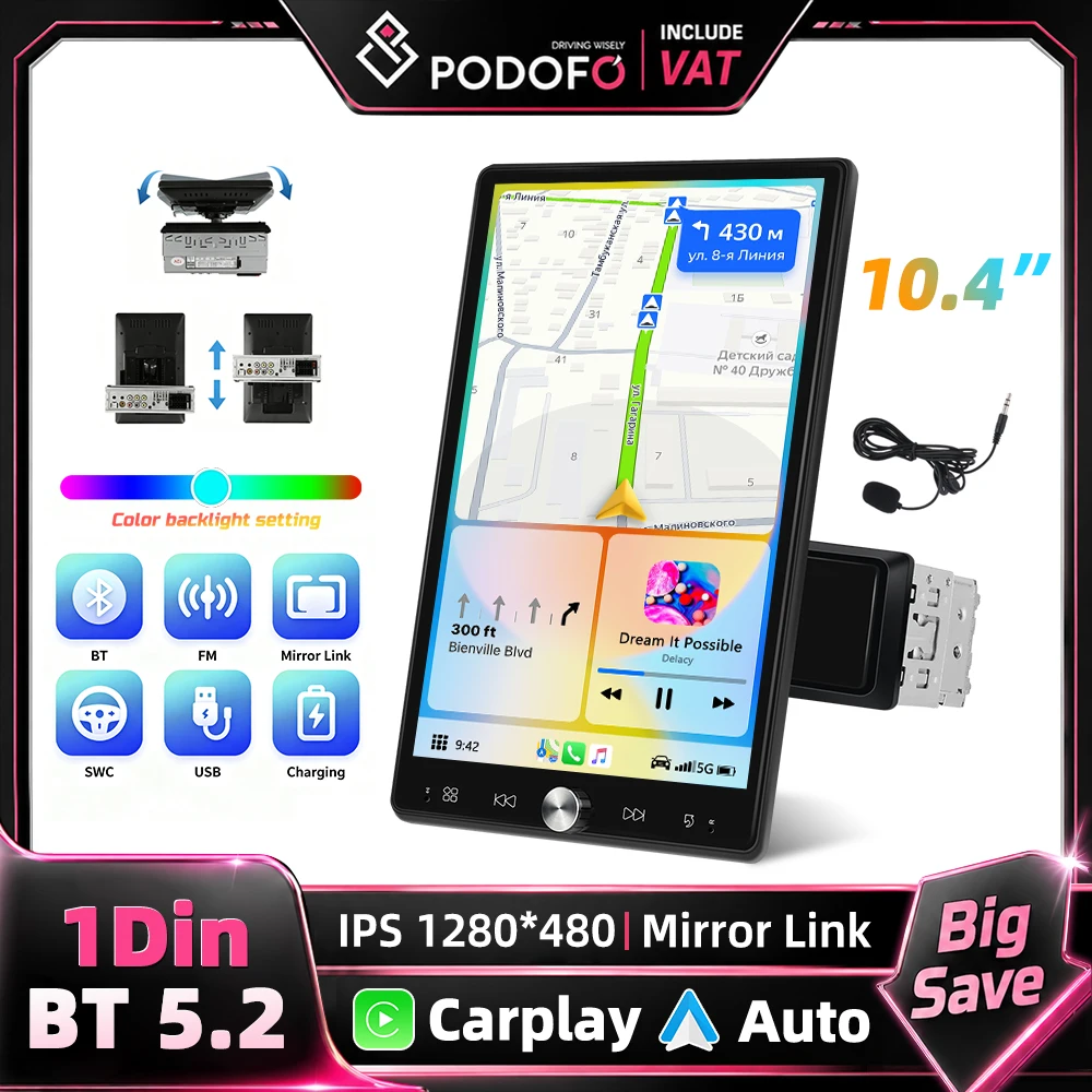 Podofo 10.4-calowy 1 Din Radio Samochodowe MP5 Auto Stereo Bezprzewodowy Carplay i Android Auto HD Ręcznie Obracany Ekran Dotykowy 1280*480 Przewodowe Mirror Link Uniwersalne Radio Samochodowe FM/RDS