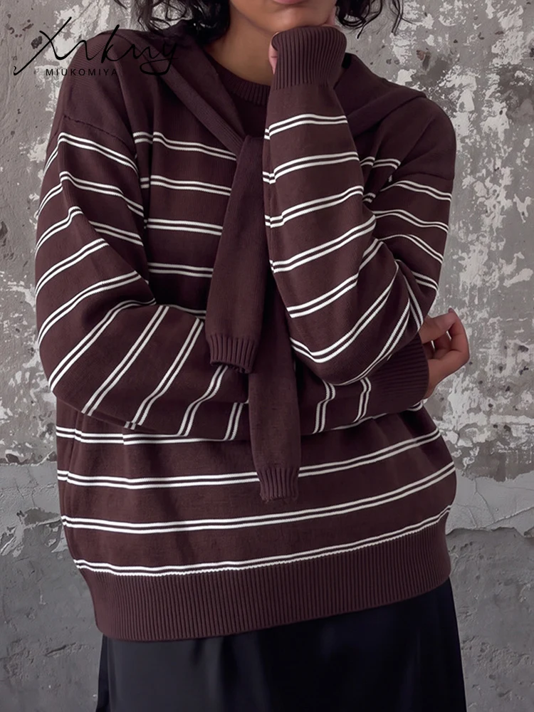 Oversized Striped Sweaters For Women Autumn 2 Sets Sailor Collar Coffee Pullovers Ladies White Jumpers O Neck Warm Sweaters Blue view 3