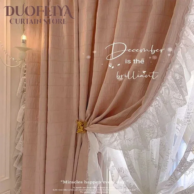French Romantic Dogwood Pink Bamboo Crepe Cotton Linen Custom Blackout Curtains for Living Dining Room Bedroom Texture Balcony