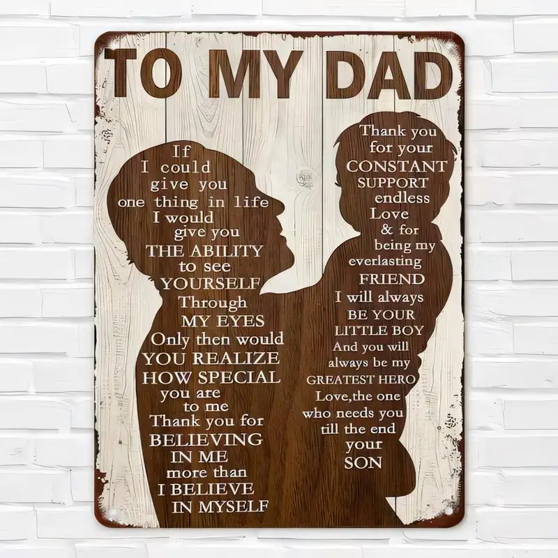 Vintage Father & Son Silhouette Metal Sign, Brown-White Wooden Texture, Heartfelt Dad Message, Retro Tin Wall Art for Father’s D