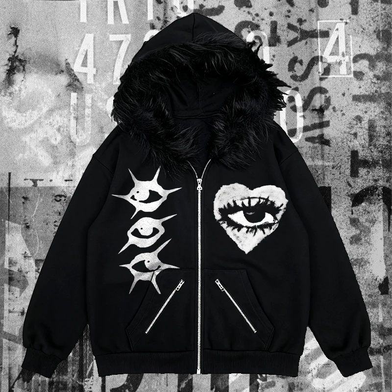 2025 شتاء جديد الصوف طوق هوديي فضفاض دافئ الأمريكية الرجعية العين المطبوعة الرجال والنساء جاكيت زيبرا