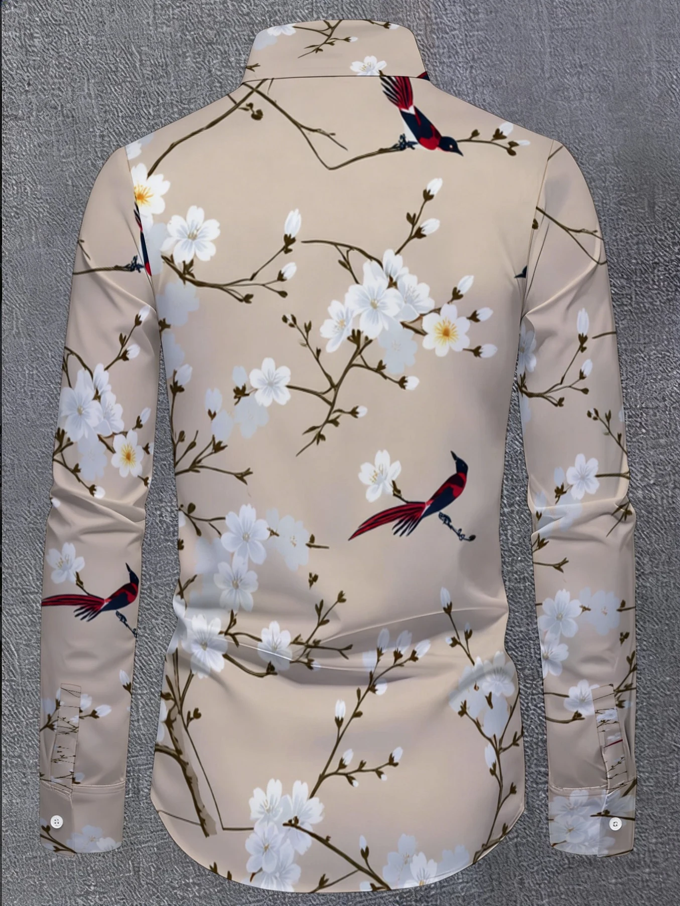 Men Cherry Blossom Bird Branch Print Long Sleeve Shirt Turn‑Down Collar Button‑Up Polyester Casual Blouse