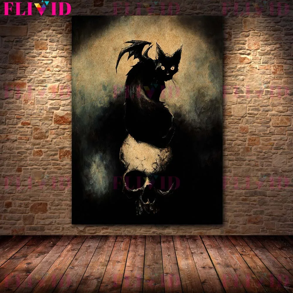 Black Cat And Moon Magic Vintage Wall Art Canvas Painting Terrible Skeletons And Batcats Art Poster And Print Home Decoration