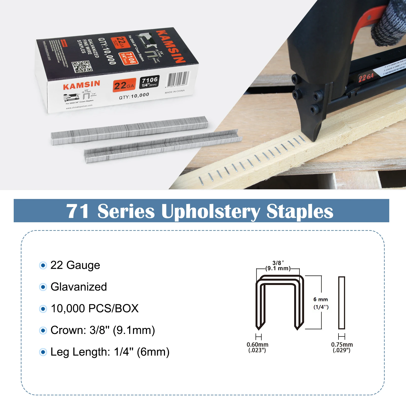 KAMSIN 7106 7110 22 Gauge 71 Series Galvanized Upholstery Staples, 9mm Crown  6 & 10mm Length, 10000PCS/Box