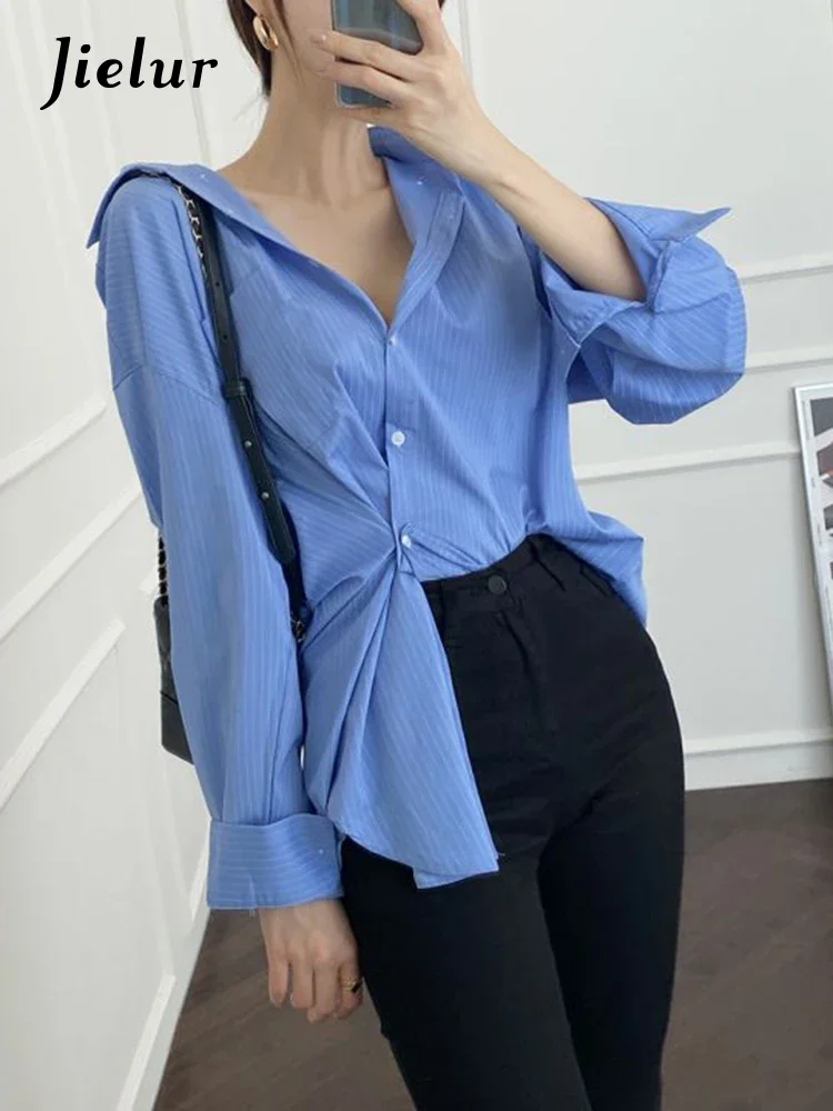 Jielur camicie abbottonate eleganti oblique camicie a righe con maniche primaverili da donna camicetta asimmetrica a maniche lunghe top a tunica blu