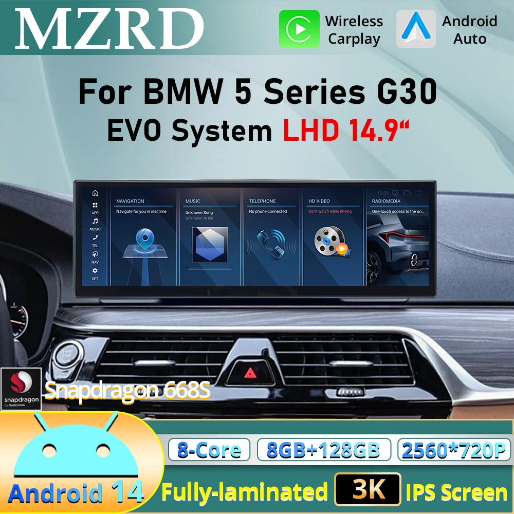 

MZRD 14.9'' 4G+64G Carplay Auto For BMW 5 Series G30 G31 LHD EVO System Car GPS Navi Multimedia Video Player BT Headunit BT Navi