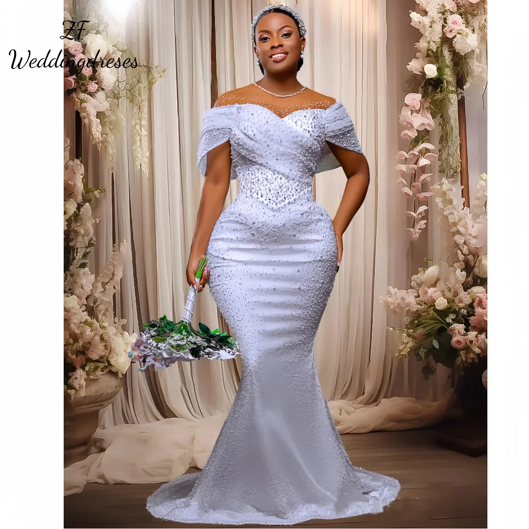 Customized New Elegant Plus Size Mermaid Bead Embroidered Wedding Hat Sleeves With Detachable Train Sexy Bridal Gown