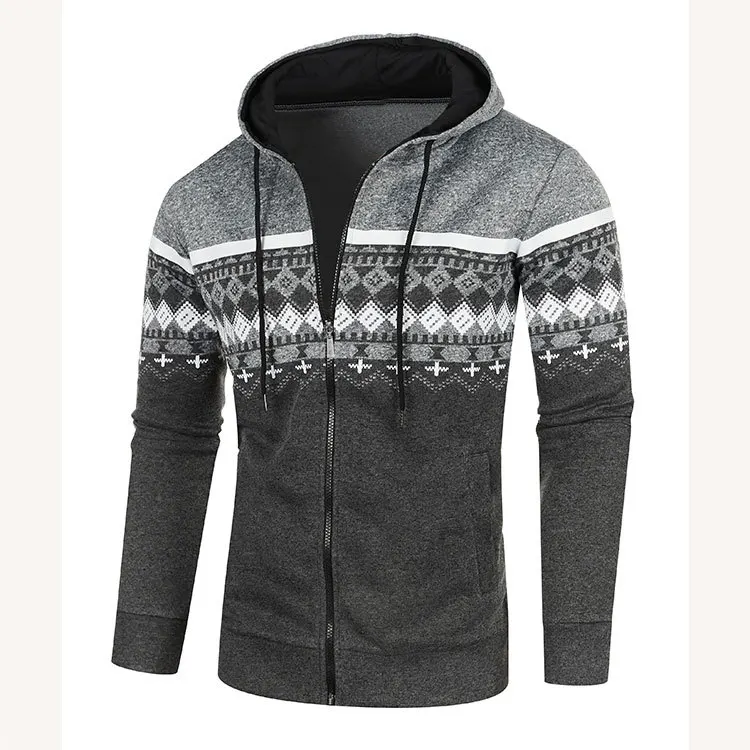 

Men's New Cardigan Hooded Jacket Casual Loose Thin Fluff Sweater Ethnic Style Printed Slim Jacket Knitted