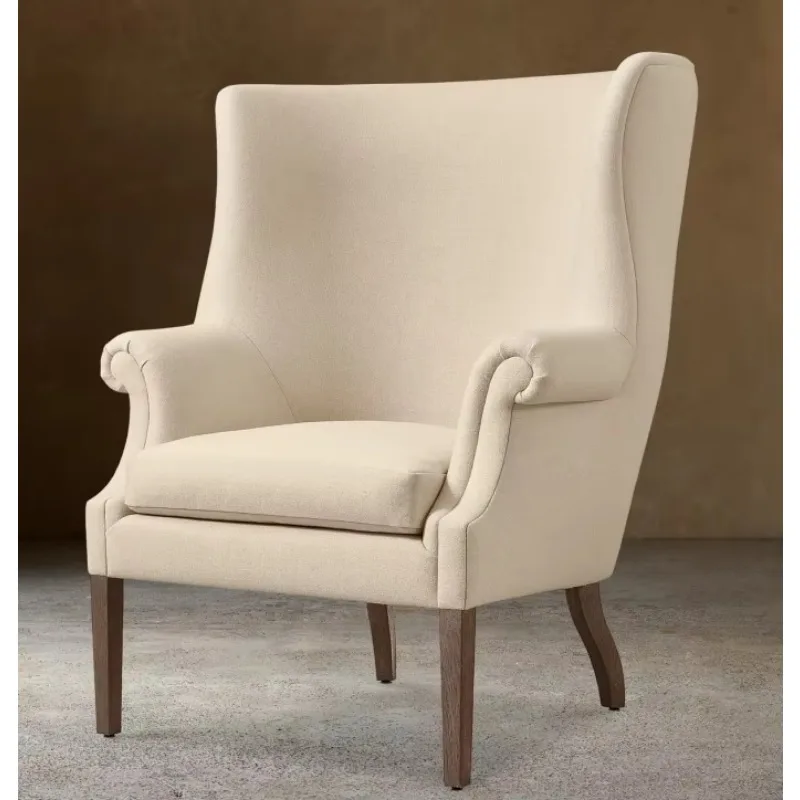 *High Wingback Rolled Scroll Arm Cream Linen Fabric Slightly Curved Dark Oak Leg Traditional Accent Armchair