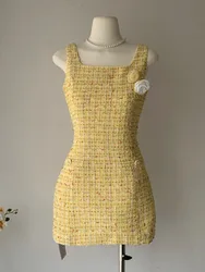 2024 Summer New Classic Style Flower Pin Tweed Elegant Socialite Strap Dress For Women Chic Yellow Tweed Dress Strapless Outfits