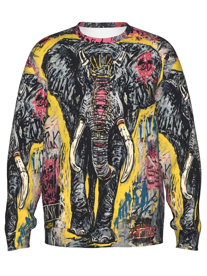 2026 New Retro Elephant Graphic Pullover Tops Fashion Crew Neck 3D Printed Spring Fall Sweatshirts Loose Streetwear Pullovers