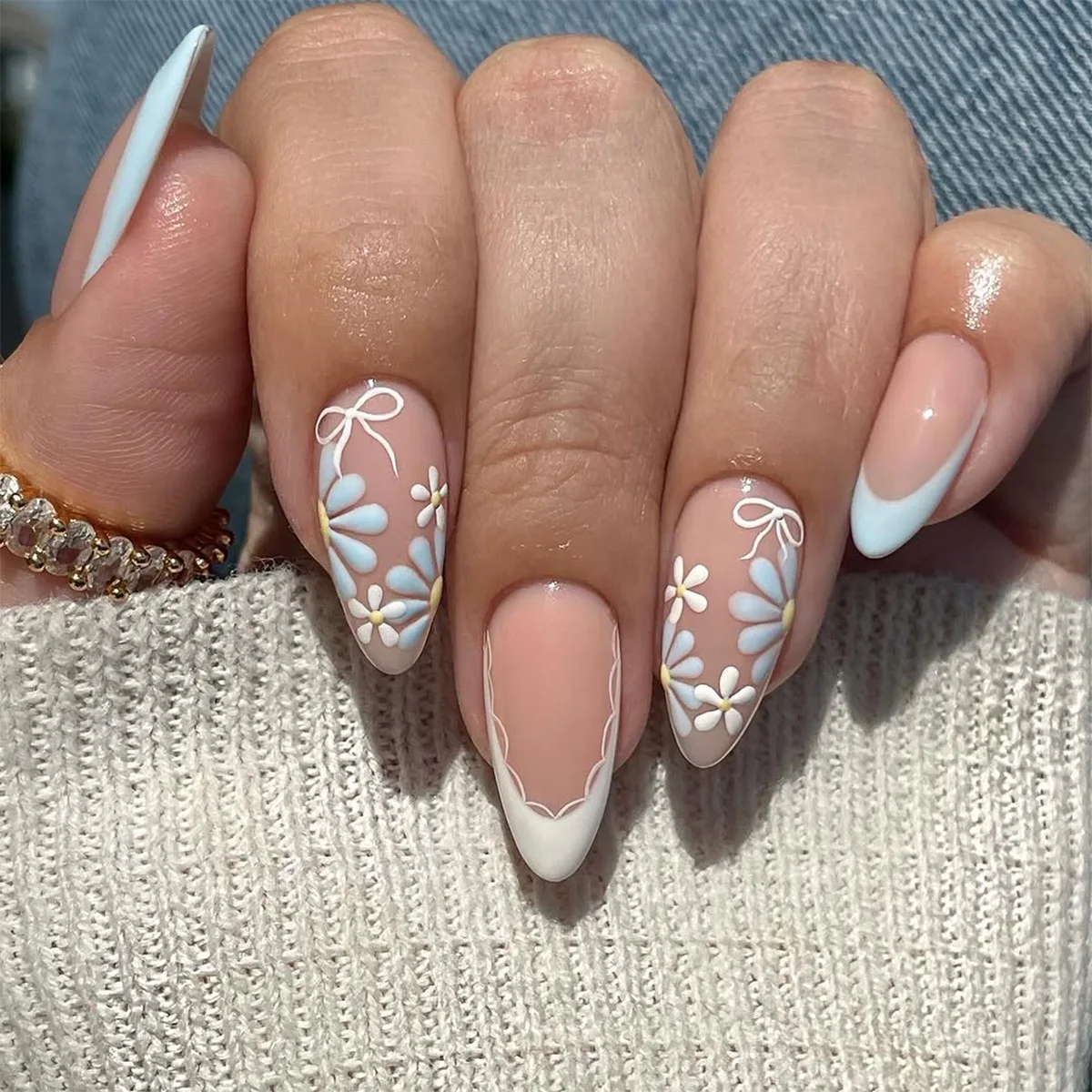 Long Almond Nude Base Press On Nails With Baby Blue French Tips, Hand-Painted Light Blue Daisy Floral Print, White Bow Ribbon Motifs & White Outline Frame Detail Sweet Spring Pastel Fake Nail Tips Women Gentle Daily Manicure Set