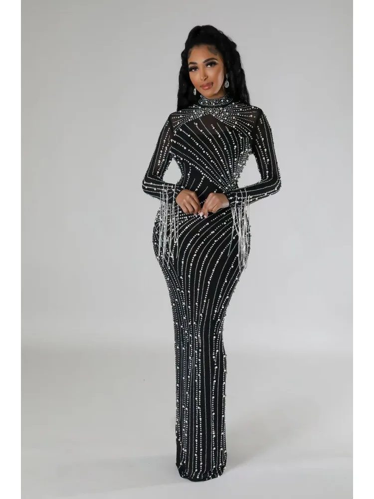 

Sexy Maxi Dress Women Evening Party Birthday Gown Mesh See-through Elastic Rhinestones Pearls Tassel African Long Sleeve Robe