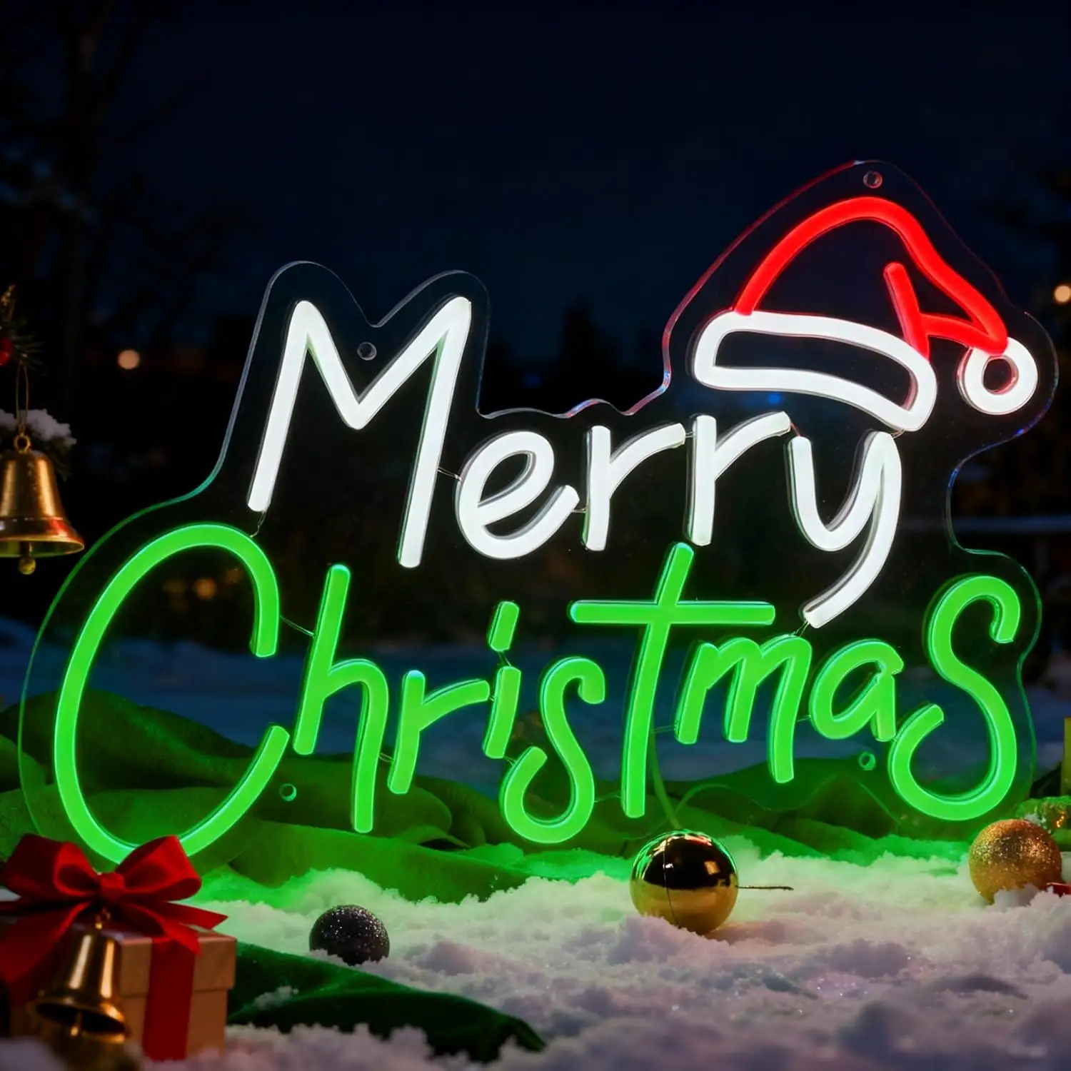 Merry Christmas Neon Sign With Xmas Tree & Santa Hat LED Neon Light For Indoor Home Window Bedroom Christmas Party Decoration